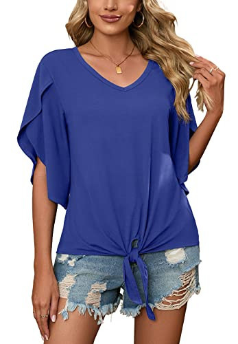 SUEANI Women's Summer Casual Elbow Ruffled Sleeve Blouse Tops for Women(Large, Royal Blue) | Amazon (US)
