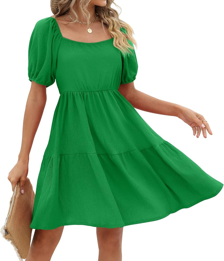 Womens Dresses Square Neck Puff Sleeve Casual Loose Spring A-Line Dresses | Amazon (US)