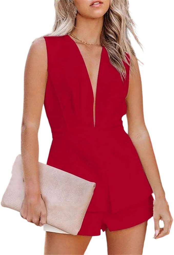 Women’S V Neck Backless Sleeveless Jumpsuit Solid Color Romper With Shorts For Summer Parties | Amazon (US)