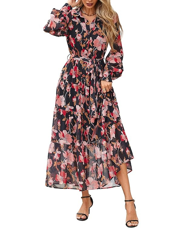 PRETTYGARDEN Women's Fall Dress 2025 Casual Long Sleeve Button Down Belted Boho Floral Flowy Maxi... | Amazon (US)