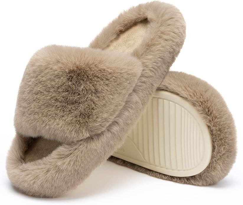 Chantomoo Women's Blue Memory Foam Faux Fur Lined Open Toe Slippers for Women - US 12 | Amazon (US)