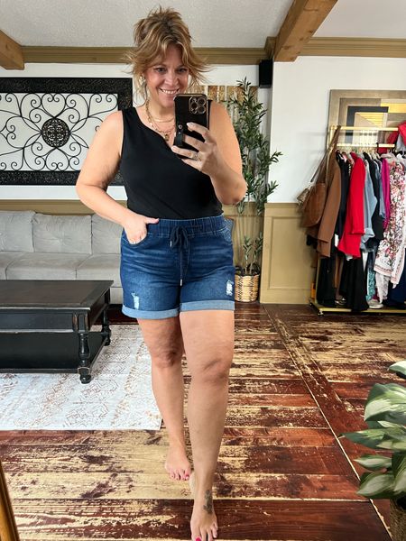 Plus size / mid size elastic waist shorts size 16, sweetheart neckline tank top, summer outfit, spring style- use code Nicoles15 at Bloomchic 

#LTKplussize #LTKmidsize #LTKover40