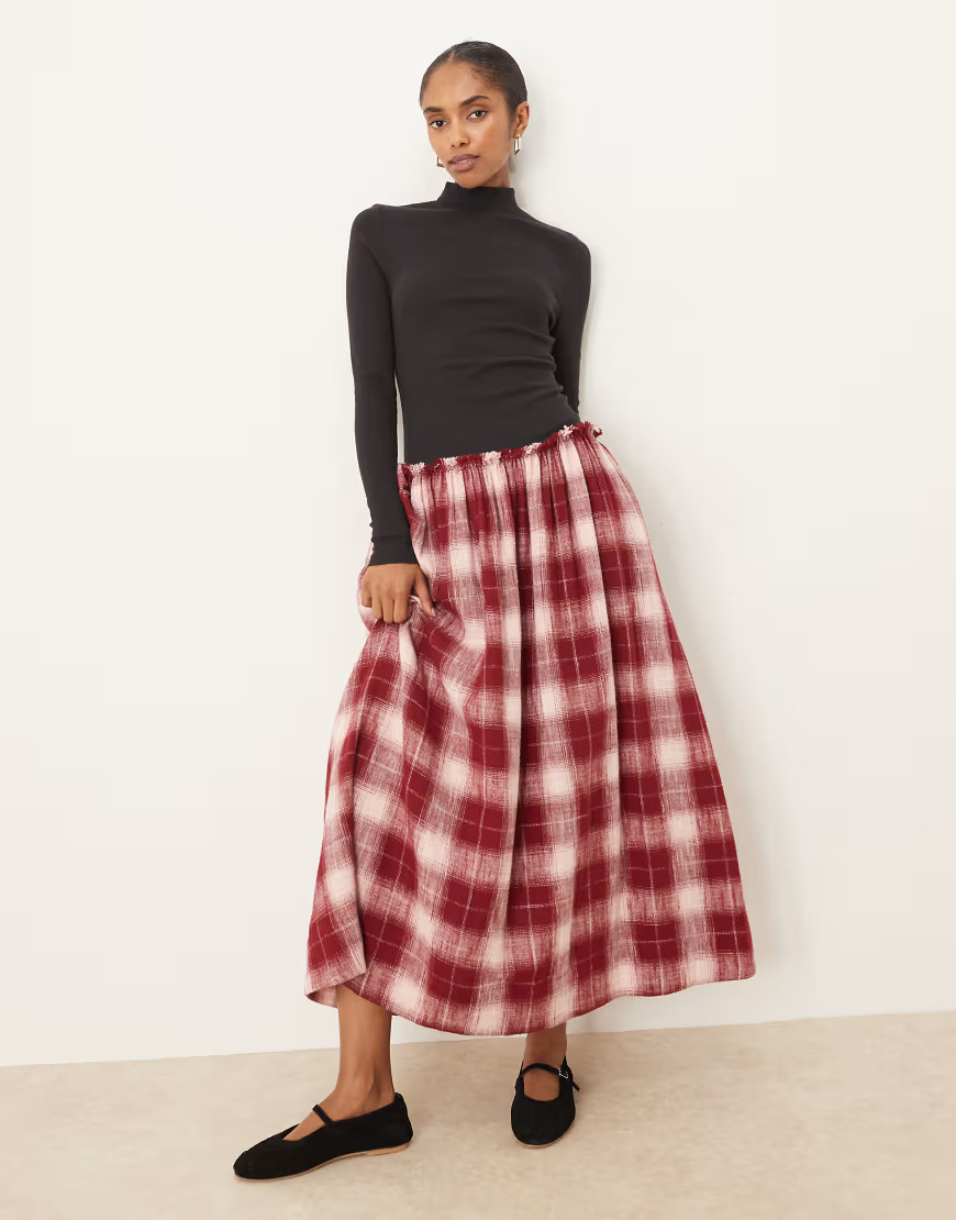 ASOS DESIGN high neck long sleeve hybrid maxi dress in red check-Multi | ASOS (Global)