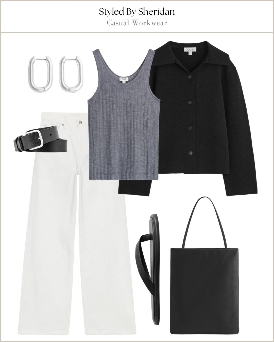 Outfit idea 💡 

White jeans, knitted jacket, grey vest top, tote bag, sandals, casual workwear outfit 

#LTKstyletip #LTKworkwear #LTKshoes
