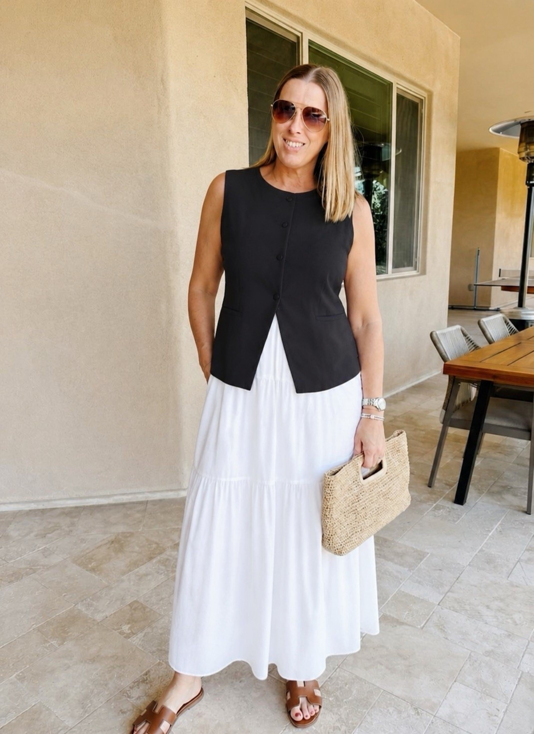 Classic black and white for summer 

 resort wear, vacation outfit, summer outfit, travel style, European summer, neutral fashion, chic casual outfit, capsule wardrobe, elevated basics, white maxi skirt, effortless style, summer fashion 2026