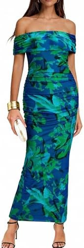 BTFBM Cocktail Dresses for Women 2025 Summer Off Shoulder Bodycon Ruched Mesh Back Slit Floral Ma... | Amazon (US)