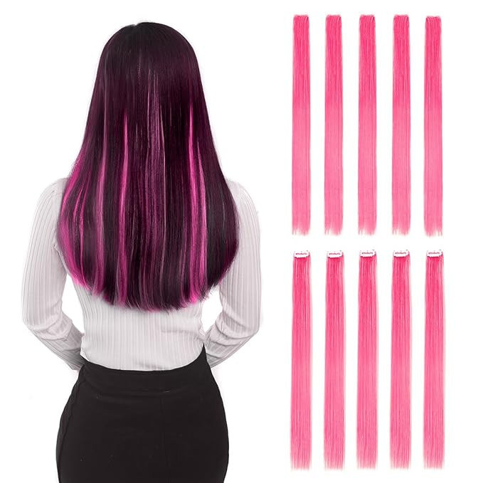 Colored Clip in Hair Extensions 20" 10pcs Straight Fashion Hairpieces for Party Highlights Pink | Amazon (US)