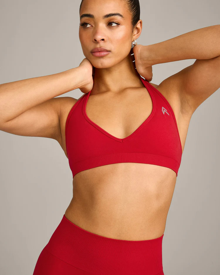 EffortlessLift™ Seamless Halter Neck Sports Bra with Gray Logo 
 Fiery Red | Oner Active (UK / US)