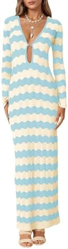 Saodimallsu Womens Crochet Summer Maxi Dress Striped Sexy Cut Out V Neck Long Sleeve Knit Cover U... | Amazon (US)