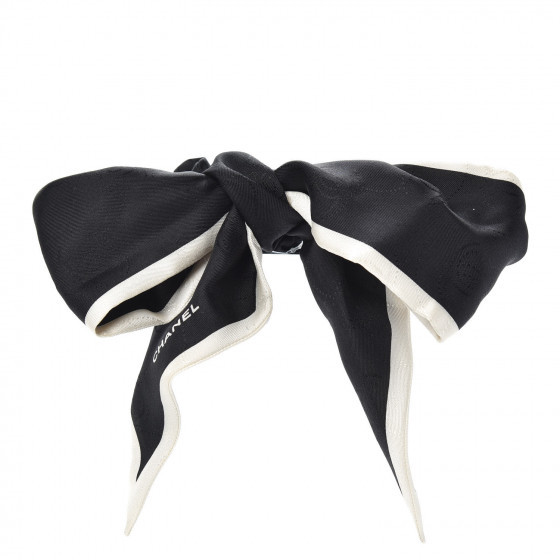 CHANEL Silk Twill Hair Tie White Black | Fashionphile