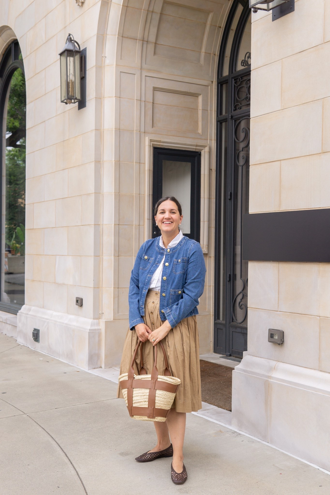 Head-to-toe J. Crew Factory: a denim lady jacket, white button-down, and tan midi skirt. Chic, timeless, and ideal for a fall day when it’s still sunny outside.

#LTKFindsUnder100 #LTKMidsize #LTKFindsUnder50