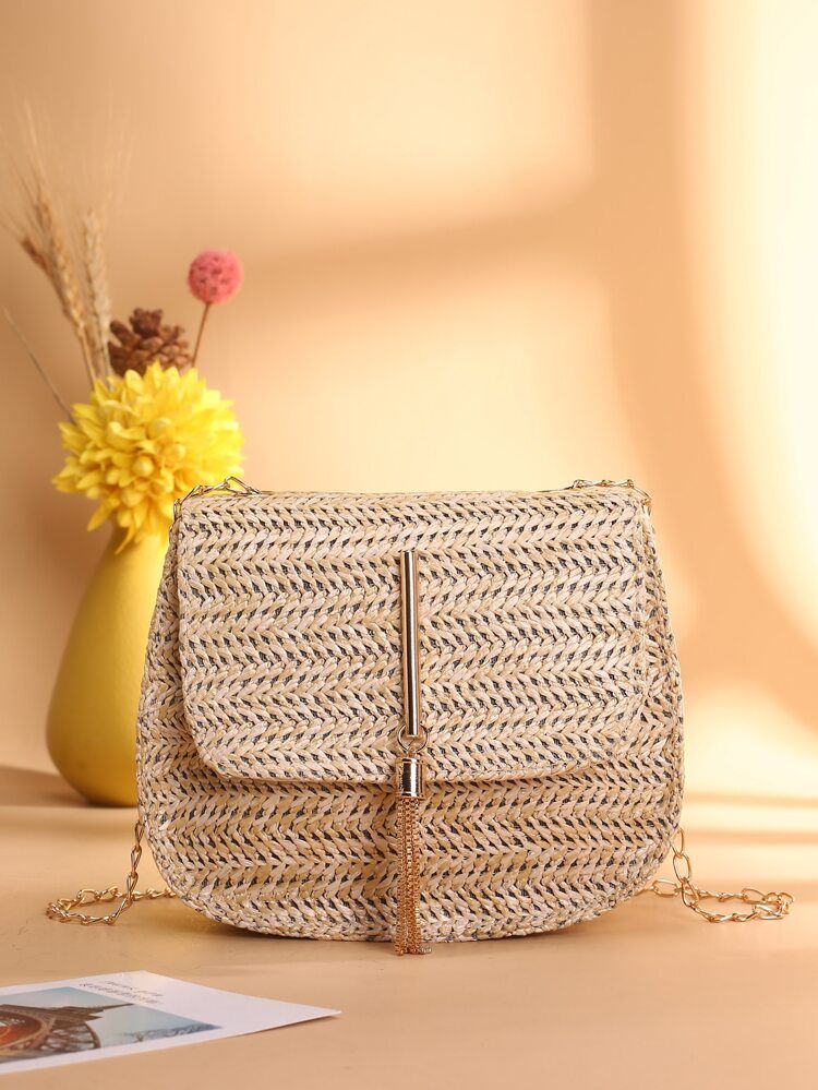 Tassel Decor Flap Straw Bag | SHEIN