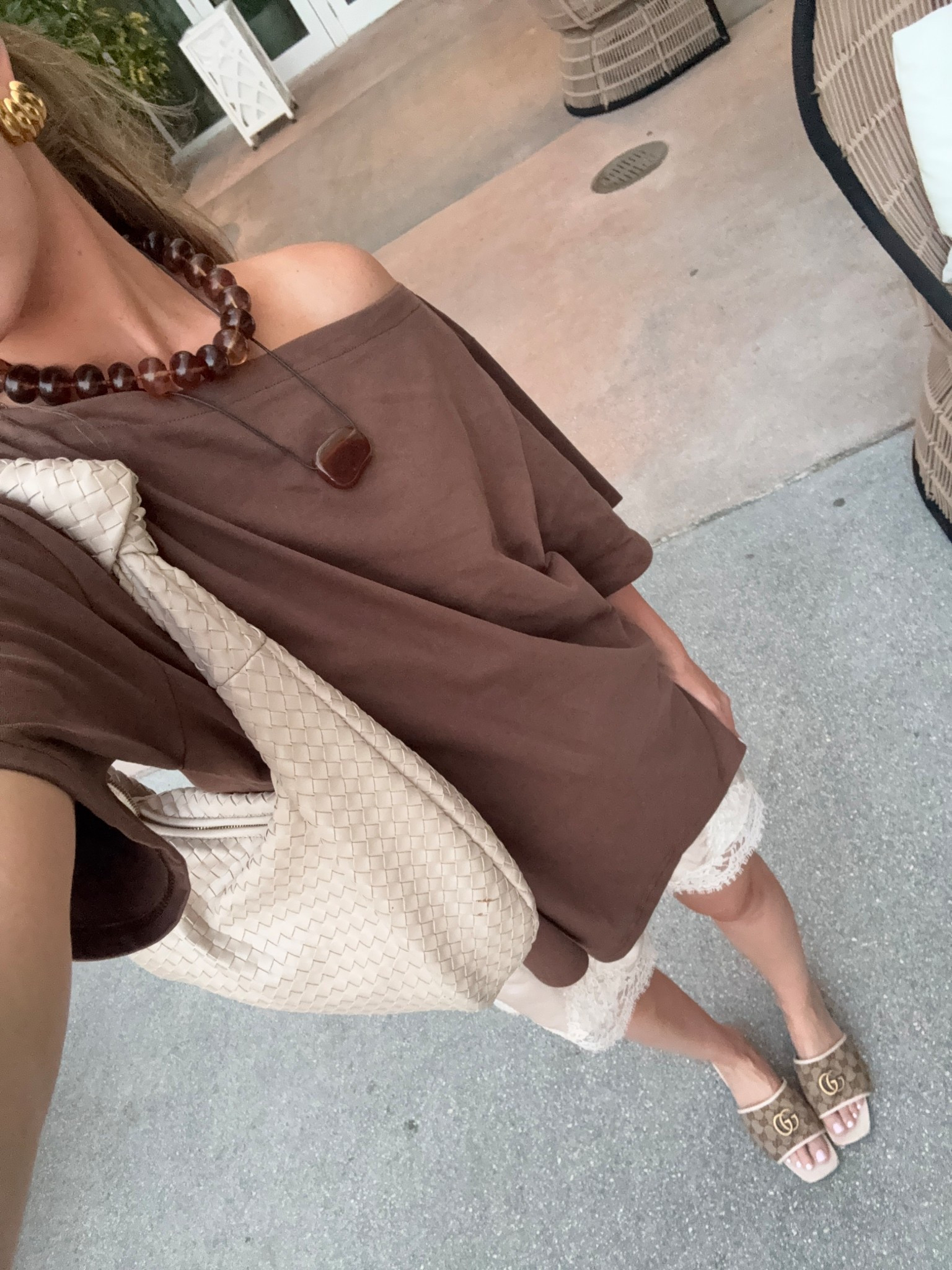 Vacation outfit - perfect for a chic dinner out with friends! Love this off the shoulder t shirt & lace shorts ✨ 

#LTKootd