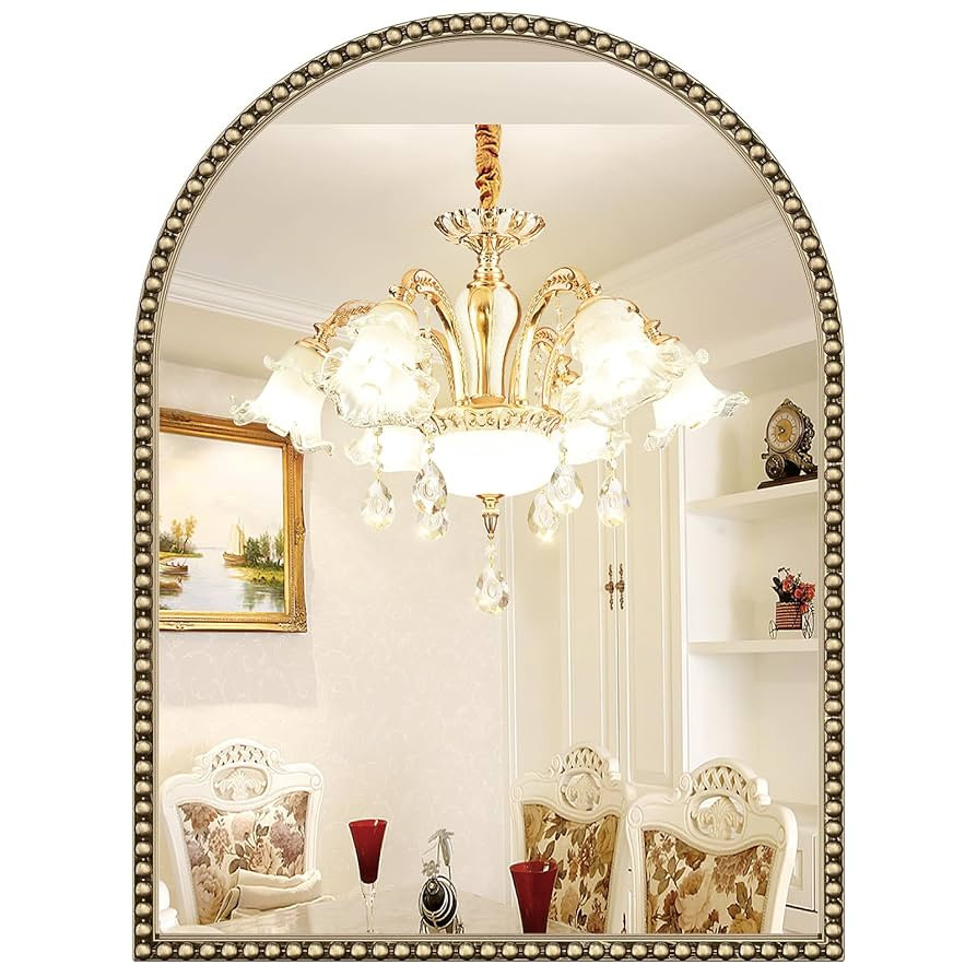 Beaded Arched Mirror for Wall, 30"x40" Gold Arch Brass Bathroom Mirrors, Champagne Bronze Vintage... | Amazon (US)