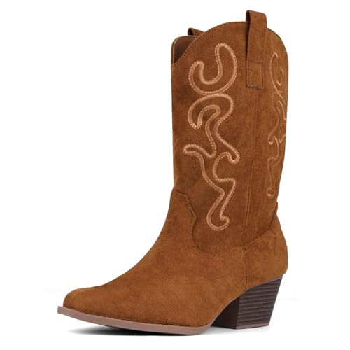 Bandkos Cowboy Boots for Women Cowgirl Mid Calf Western Embroidered Boot Low Chunky Block Heel Fashion Boots Size 10 Brown | Amazon (US)