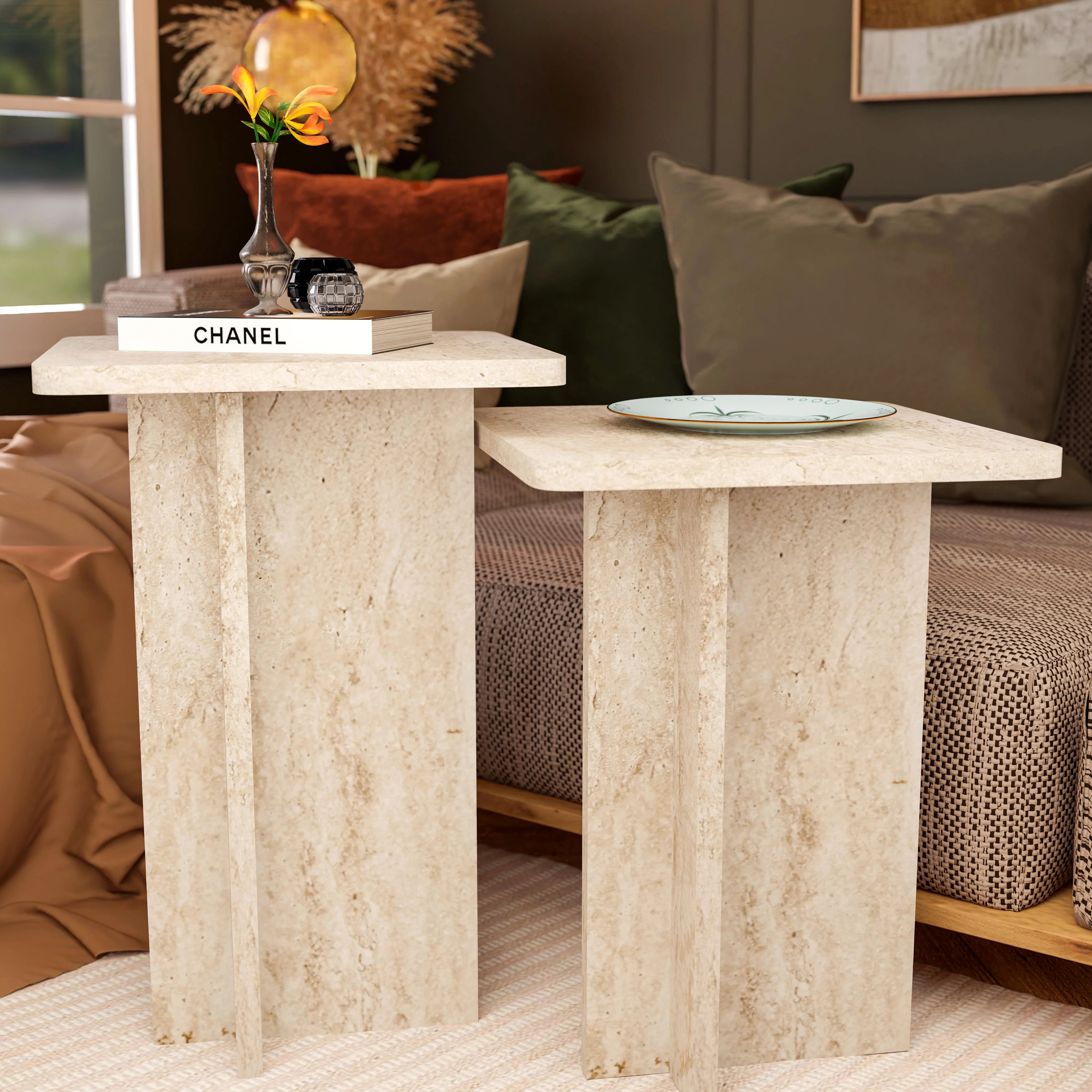 Ivy Bronx Travertine Look Square Nesting Coffee Table Set of 2 Modern Small End Table for Living ... | Wayfair North America