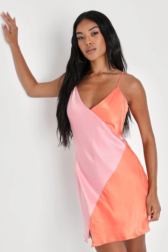 Sweetly Stylin' Pink and Orange Color Block Satin Mini Dress | Lulus