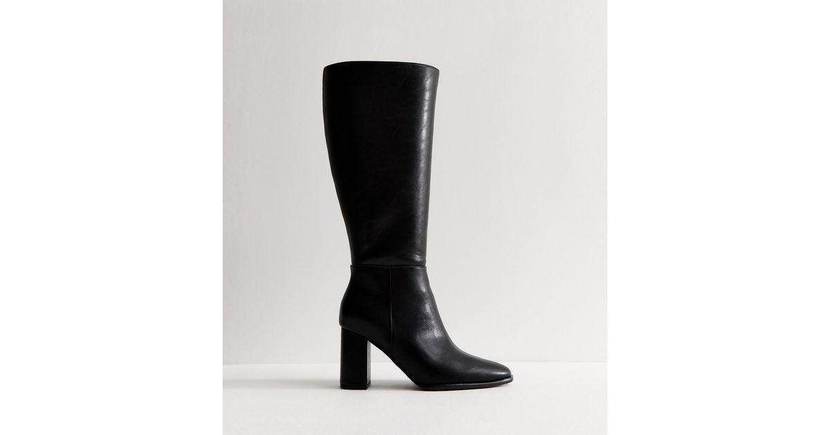 Women's Extra Calf Fit Black Faux Leather Heeled Knee High Boots Vegan New Look | New Look (UK)