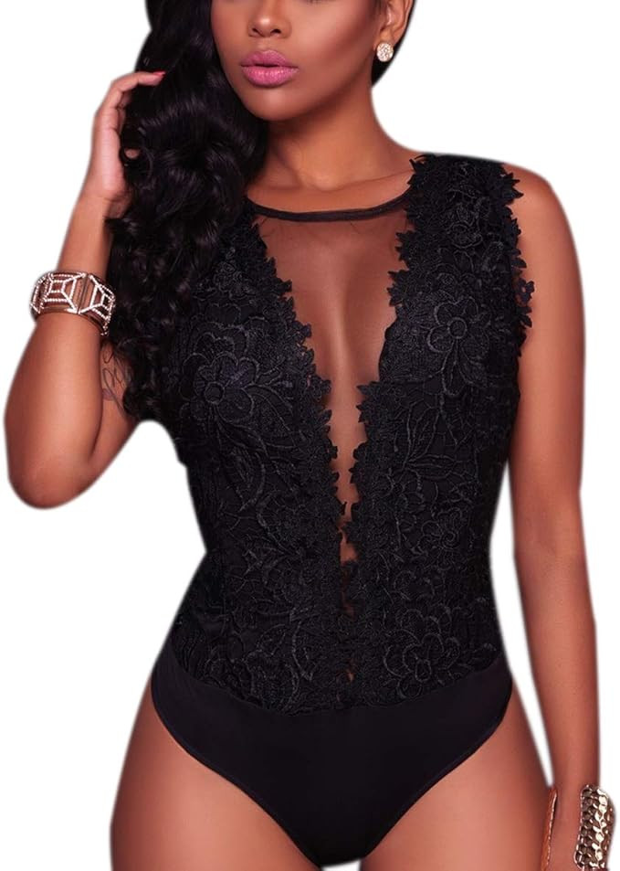 RARITYUS Women One Piece Sexy Lace Swimsuit Short Scoop Neck Jumpsuit Bodysuit See Through Mesh T... | Amazon (US)