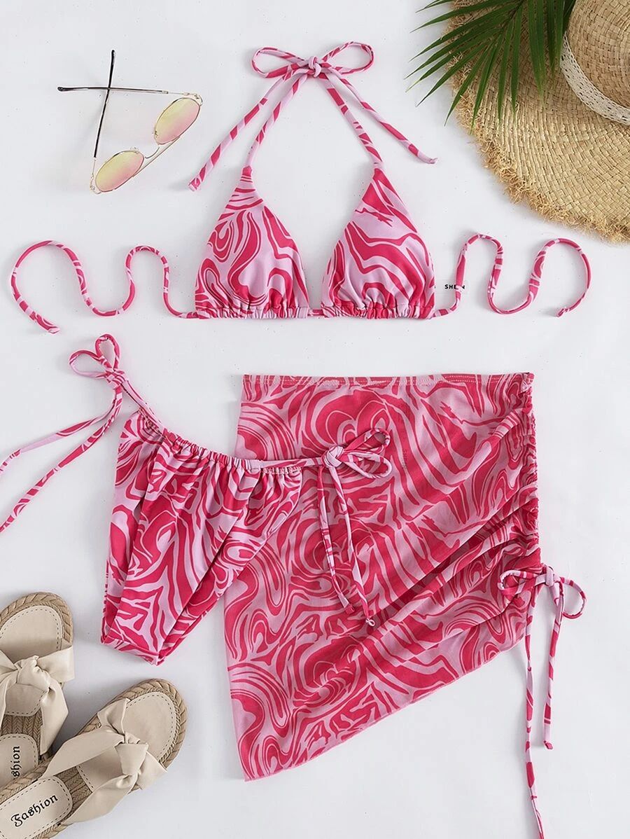 3pack Allover Print Triangle Bikini Swimsuit & Beach Skirt | SHEIN