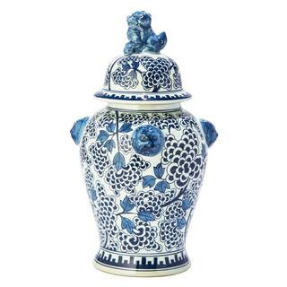 19 in. High Blue and White Peony Flower Hand Painted Porcelain Covered Temple Jar with Lion Accen... | The Home Depot