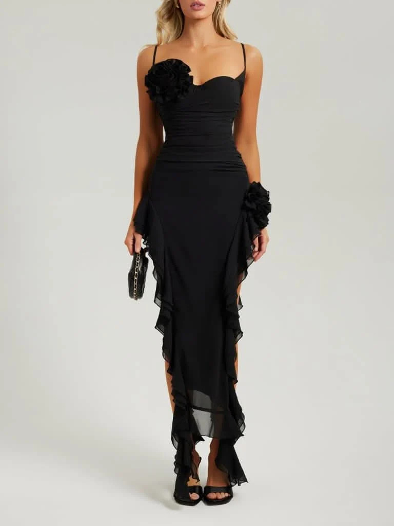 Black bustier ruffle flower maxi dress | Heiress Beverly Hills