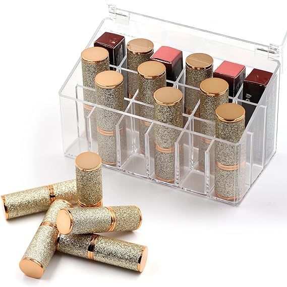 Lipstick Organizer, Acrylic Lipstick Holder, 18 Spaces Clear, With Lid Dustproof Lipgloss, Home U... | Amazon (US)