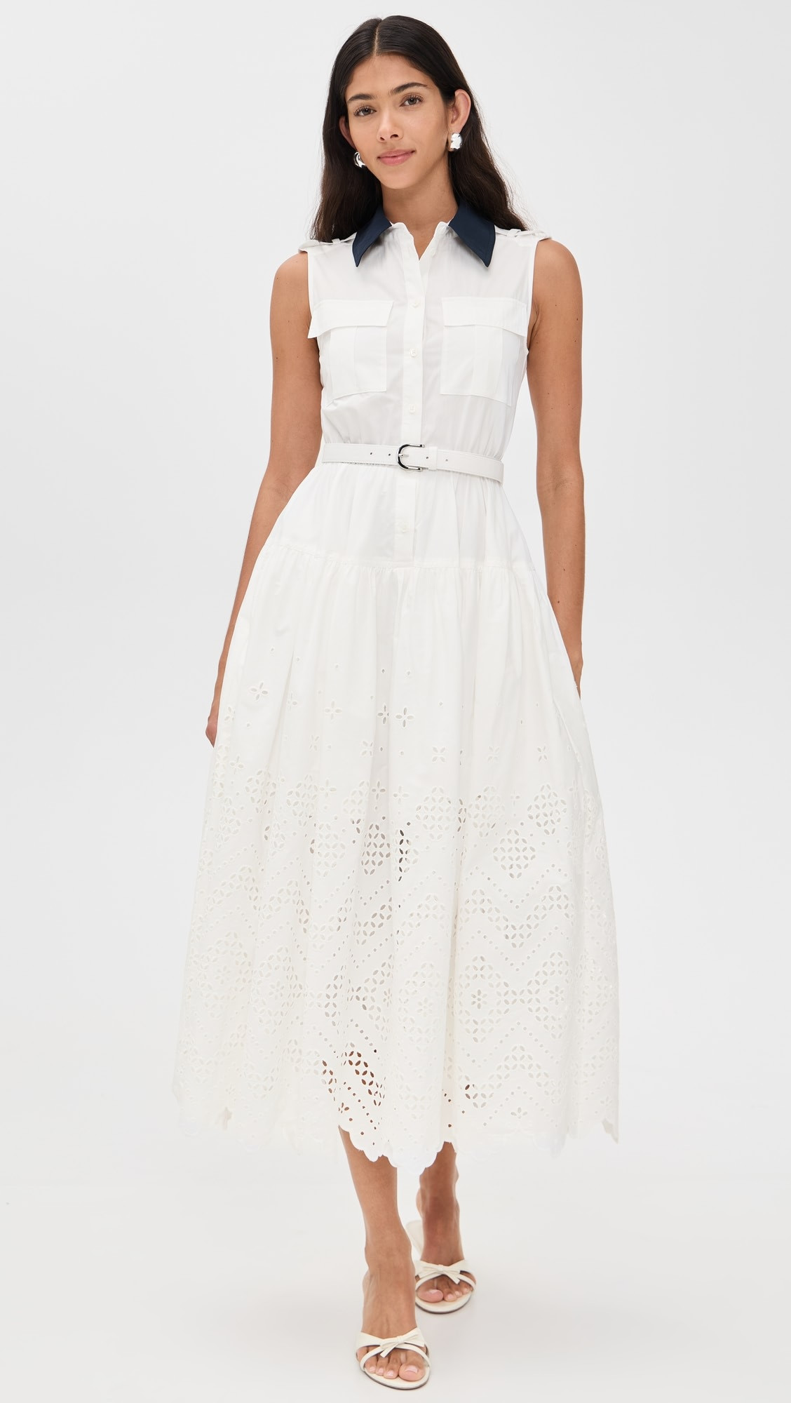 White Contrast Collar Broderie Midi Dress | Shopbop