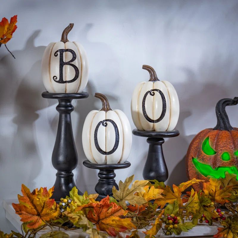 Set Of 3 Pumpkin Candlesticks Spooky Halloween Décor | Wayfair North America