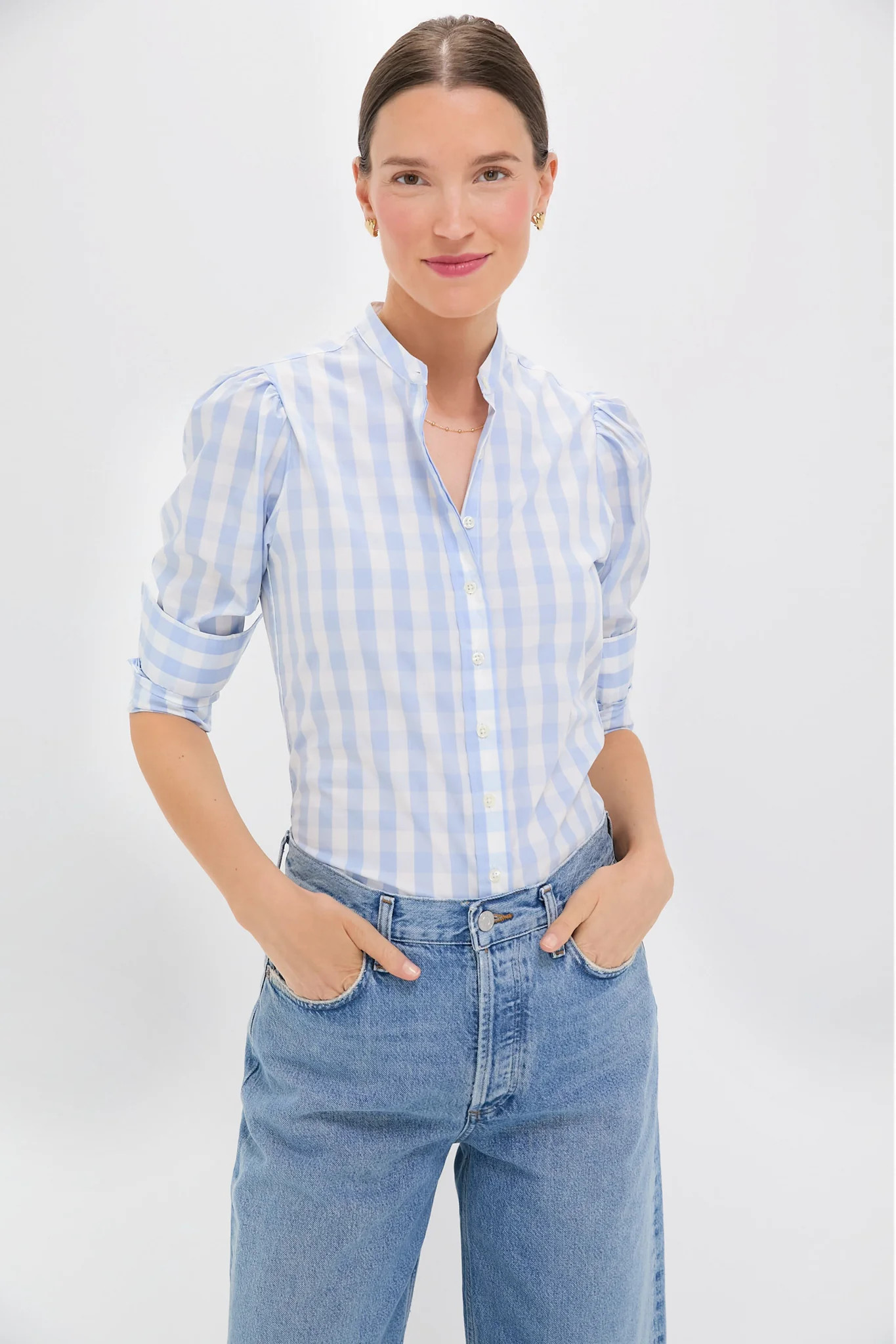 Exclusive Sky Blue Gingham Puffed Shoulder Shirt | Tuckernuck (US)