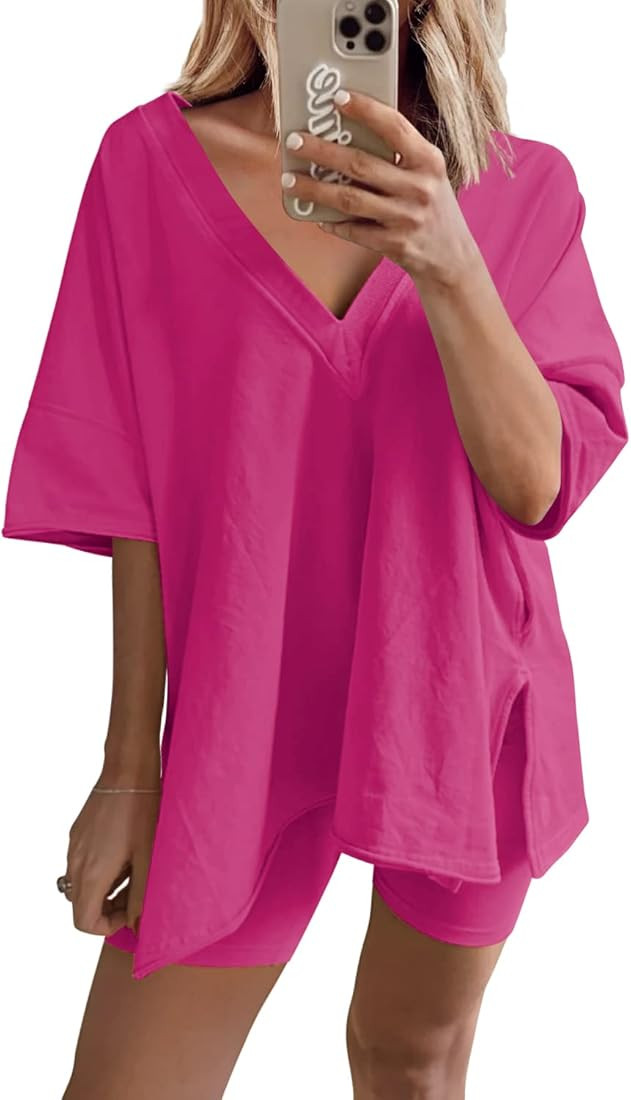 Yanekop Womens Oversized 2 Piece Outfit Sets Reversible V Neck T Shirt Biker Shorts Sports Tracks... | Amazon (US)