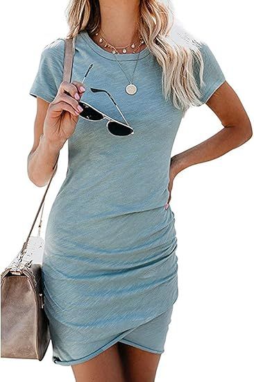 Women’s 2021 Summer Casual Crew Neck Ruched Stretchy Tulip Hem Bodycon Short Mini Dress T Shirt... | Amazon (US)