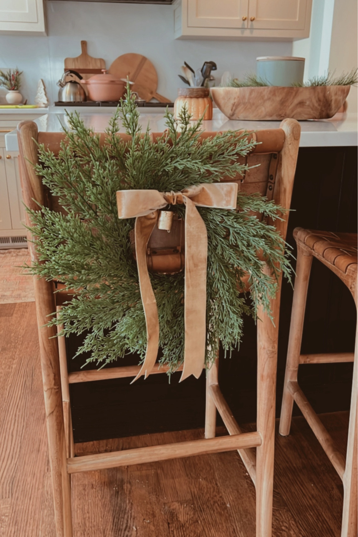 kitchen stool mini wreaths:
•chair hooks comes attached to wreath
•ribbon size 1.5”
•tieing the bow:
“First, fold the ribbon length back and forth, forming two loops at the top and one loop in the bottom center. Be careful not to twist the ribbon. From there, cross the top right loop over the top left loop, fold what is now the left loop down behind the right loop, then thread through it the bottom loop. Pull the top loops taut, forming a knot in the center of the bow. Trim the tails and notch the ends as desired.” - Better Homes & Gardens 

Holiday decor, Christmas, mini wreath, Kirkland’s 

#LTKSeasonal #LTKfindsunder50 #LTKHoliday