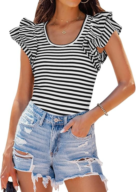 ZESICA Women's Ruffle Short Sleeve Striped T Shirts 2024 Summer Scoop Neck Slim Fitted Causal Bas... | Amazon (US)