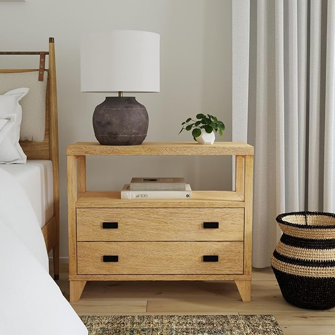 East at Main Ezra Large 2-Drawer Nightstand – Warm Brown Solid Bayur Wood Bedside Table with Op... | Amazon (US)