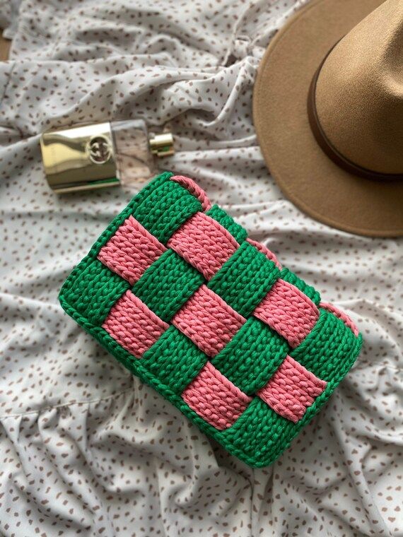 Green pink checkered handbag, pastel pink bag, mothers day gift, classy woven bag, woman’s eleg... | Etsy (US)