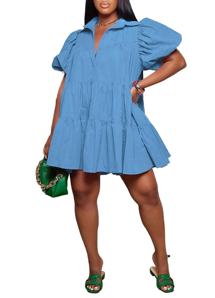Women Casual Babydoll Dress Puff Sleeve Ruffle Hem Button Down Pleated Swing Flowy A Line Tunic S... | Amazon (CA)