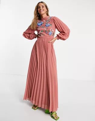 ASOS DESIGN high neck pleated long sleeve skater maxi dress with embroidery in dusky pink | ASOS (Global)