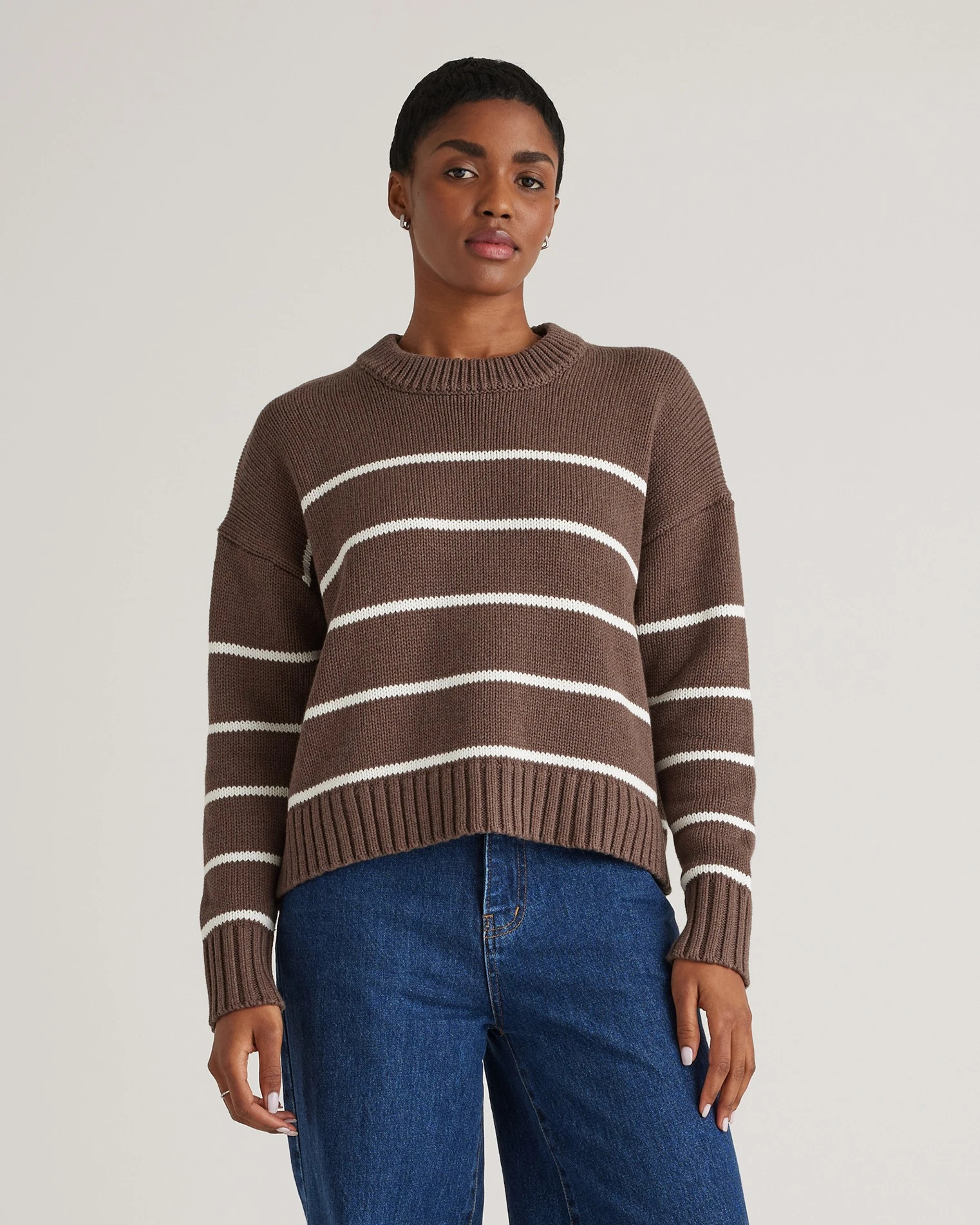 100% Organic Cotton Striped Crew Sweater in Bubblegum/Fudge Mariner Stripe | Quince