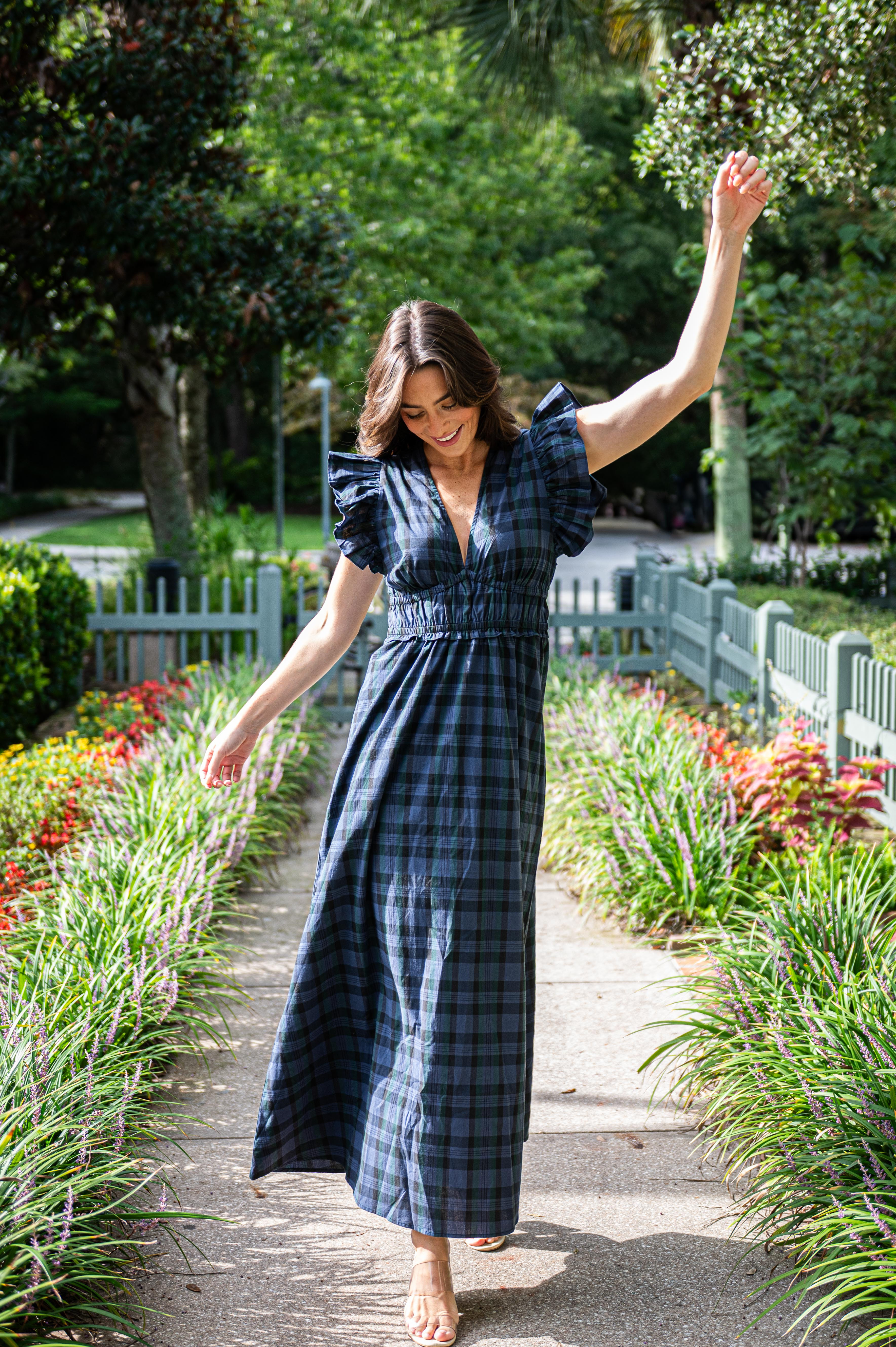 Blackwatch Tartan V-Neck Flutter Sleeve Maxi | Sail to Sable