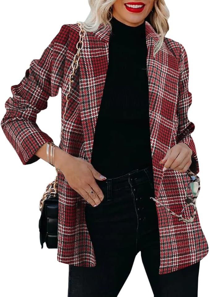 Taodou Women's Casual Blazers Woolen Plaid Blazer Lapel Long Sleeve Button Pocket Jackets Coat | Amazon (US)