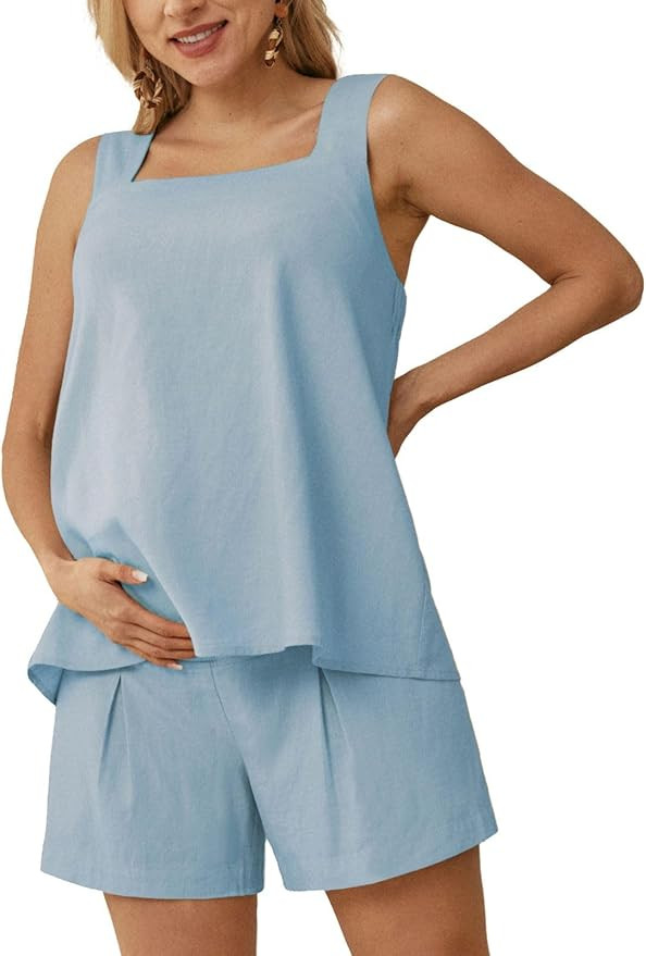 Maacie Maternity 2 Pieces Outfits Summer Linen Shorts Sets Tank Tops Wide Legs Shorts with Pocket... | Amazon (US)