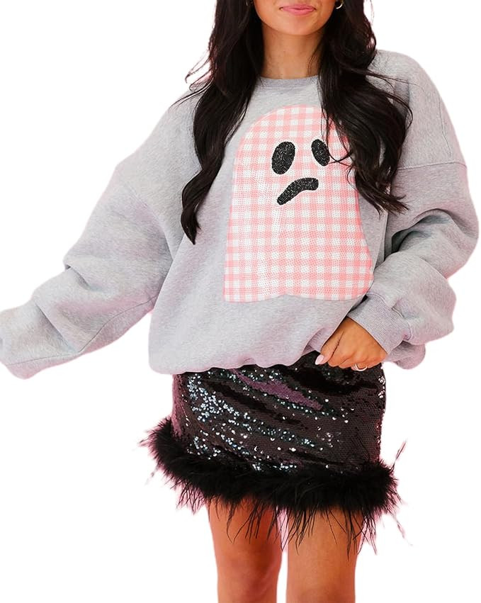 Meiweileya Womens Y2k Halloween Spooky Ghost Candy Corn Sequin Graphic Sweatshirt | Amazon (US)