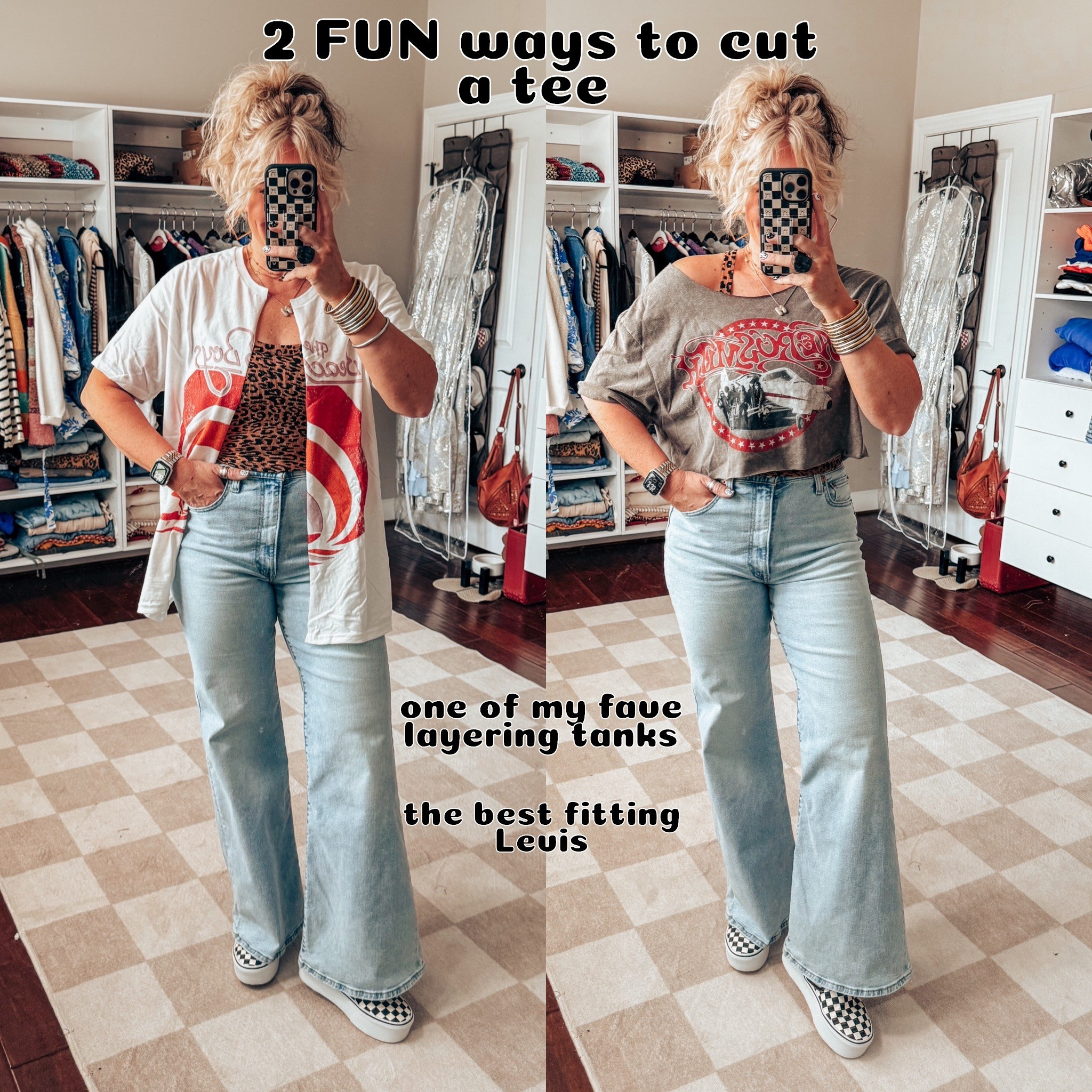 Two Fun ways to cut a tee for spring/summer! 
Beach boys tee - mens L
Aerosmith - can’t link 
Leopard tank - M/L
Levi’s - size up one
Vans - sized down 


#LTKStyleTip #LTKOver40 #LTKFindsUnder50