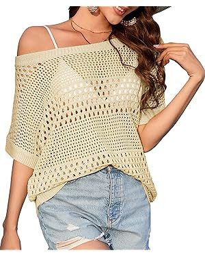 Zyyfly Women's Crochet Tops Summer Hollow Out Knit Lightweight Short Sleeve Sweater Beach Cover U... | Amazon (US)