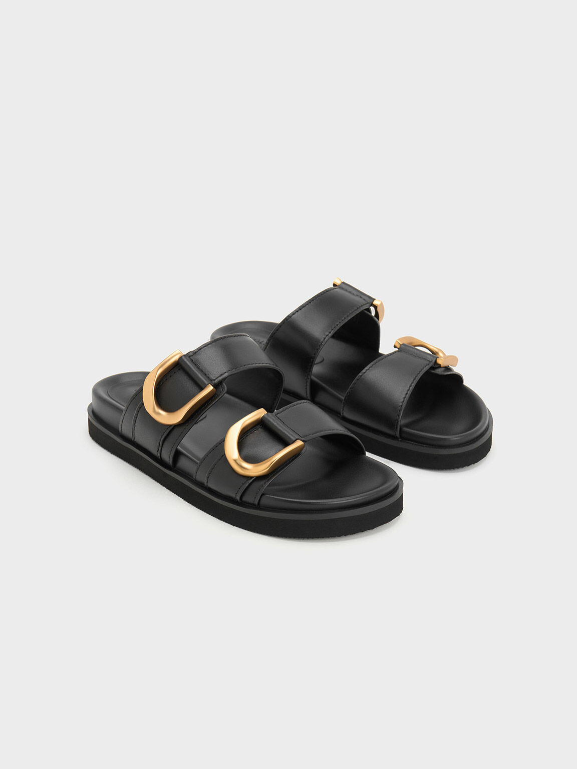 Black Gabine Buckled Leather Slides | CHARLES & KEITH | Charles & Keith US