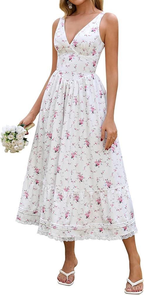 Women's Summer Corset V Neck Lace Floral Midi Dress Casual Flowy A Line Sundress Wedding Guest Be... | Amazon (US)