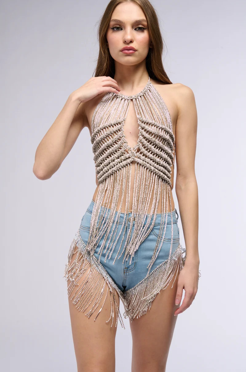 SPARKLE & SHINE EMBELLISHED FRINGE BRA TOP | AKIRA