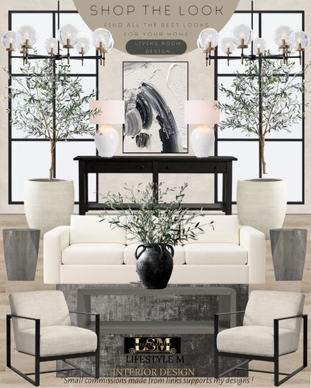 Modern Living Room Design Idea. Grey coffee table, black console table, white terracotta tree planter pot, realistic faux fake tree, black vase, upholstered lounge chair, modern end table, white sofa, round modern chandelier, modern wall art, white table lamp, black grey rug. 

#LTKFind #LTKhome #LTKstyletip