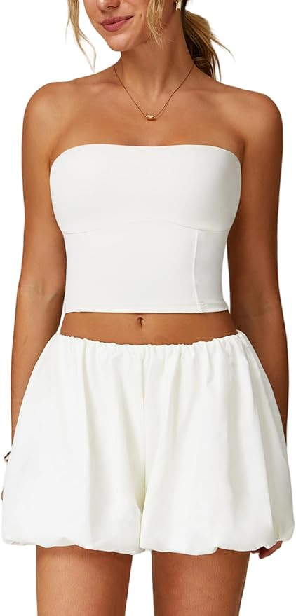 ABOCIW Womens Summer 2 Piece Outfits Y2k Crop Tube Tops Built in Bra Bubble Shorts Workout Sets T... | Amazon (US)